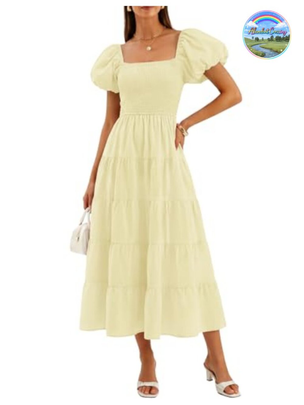 ZESICA Women Summer Puff Sleeve Boho Wedding Guest Midi Dress